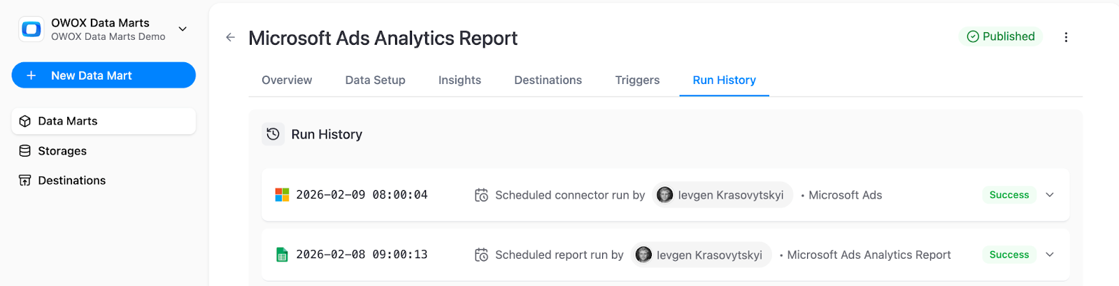 Run History tab in OWOX Data Marts showing execution status, row counts, timestamps, and detailed logs for a Microsoft Ads data mart run. i-shadow