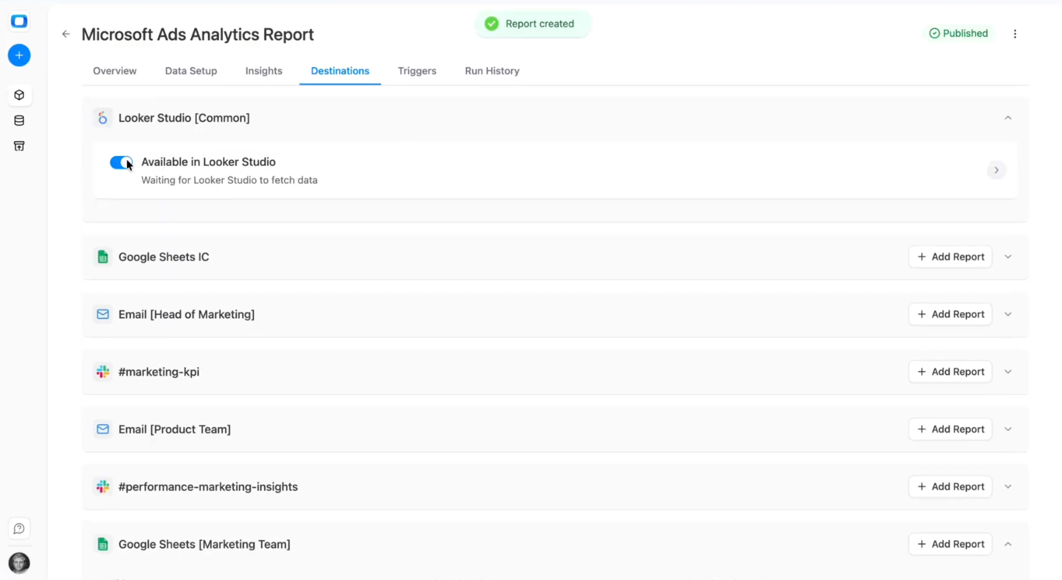 Looker Studio dashboard connected to Snowflake Microsoft Ads data mart showing standardized cost, ROAS, and CPA metrics. i-shadow