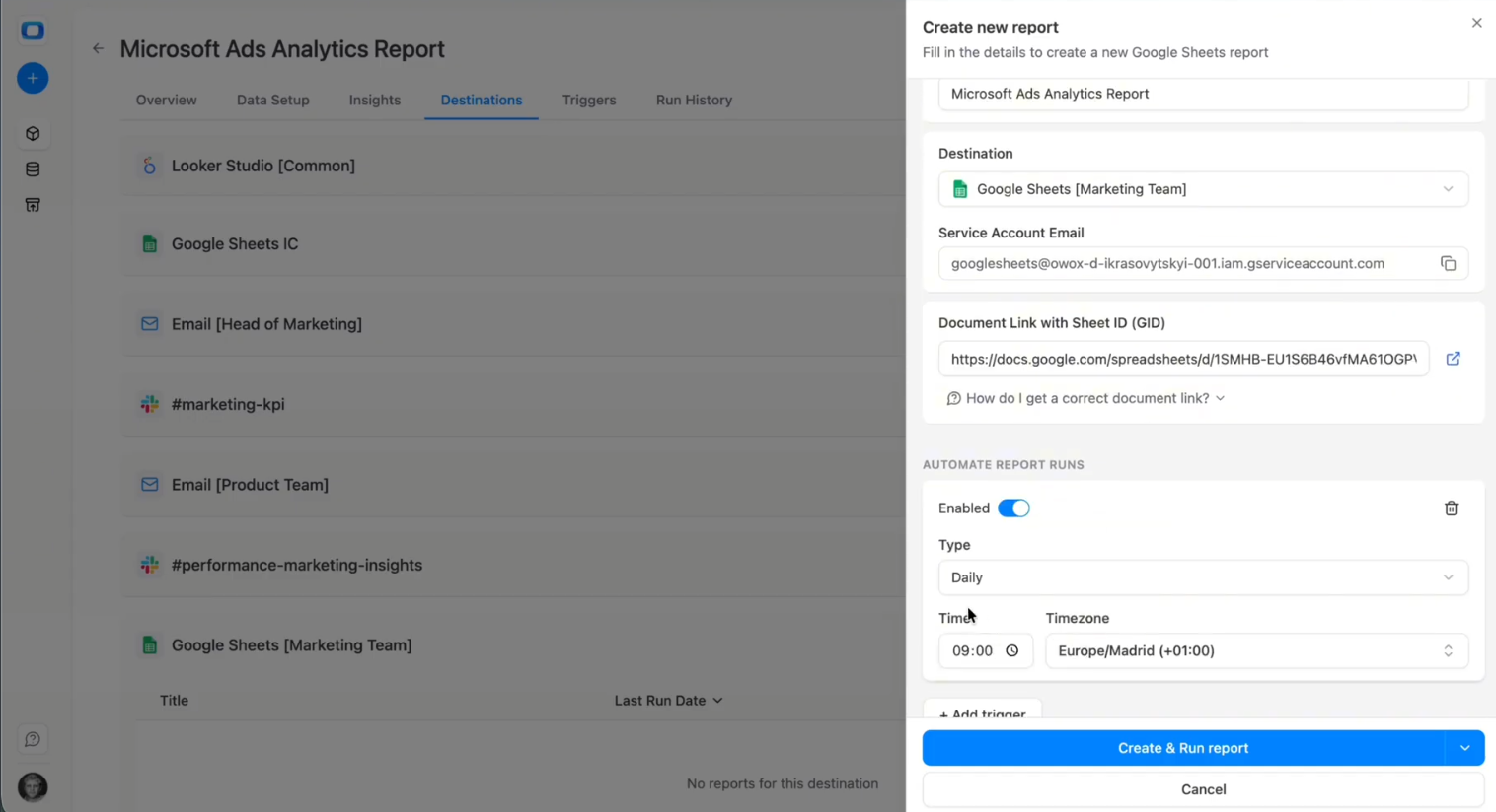 Google Sheets automatically refreshed from Snowflake using a Microsoft Ads data mart as the reporting source. i-shadow i-radius