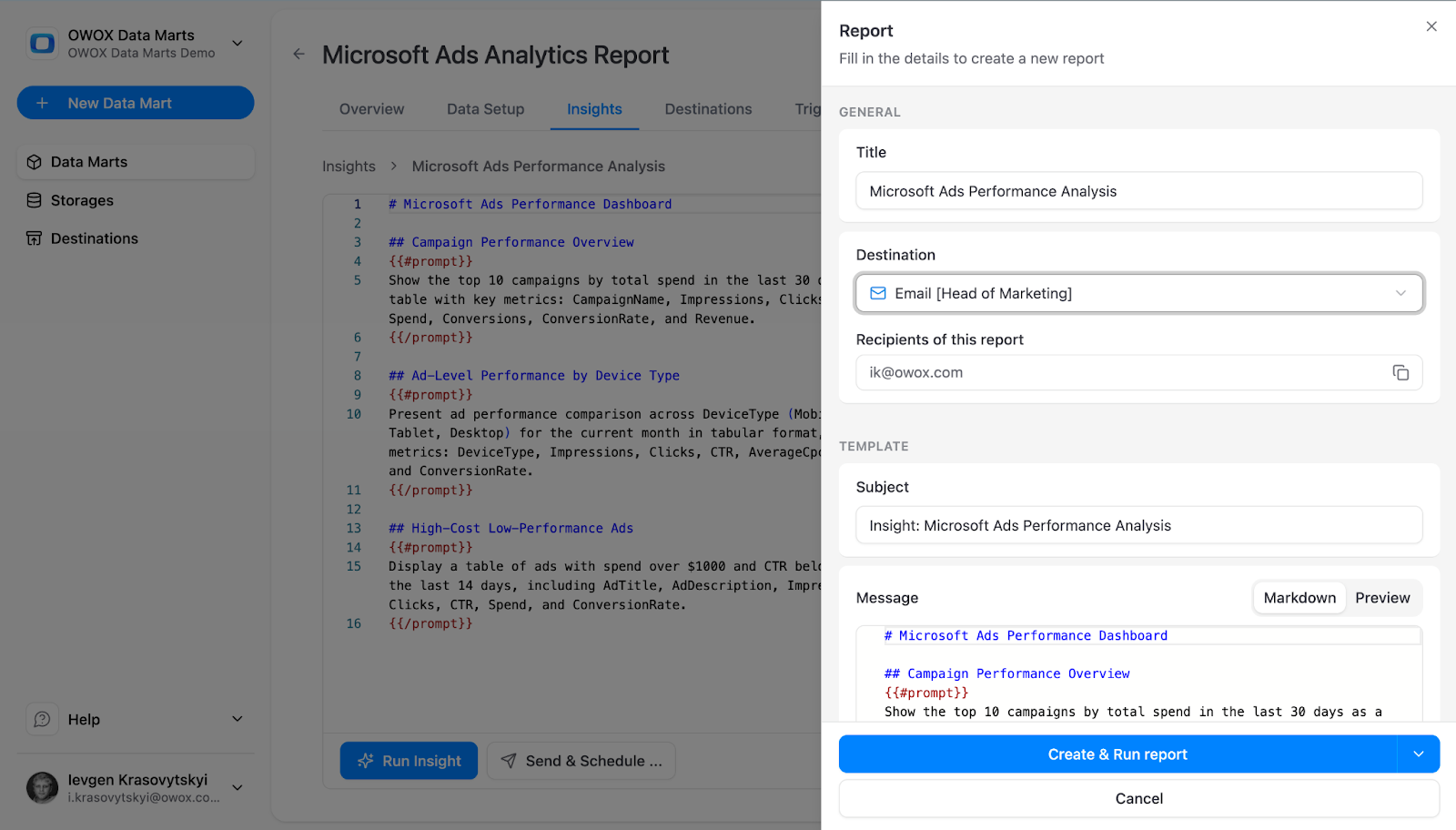 OWOX Data Marts interface showing scheduled Snowflake SQL queries delivering AI-generated performance insights to Slack, Microsoft Teams, Google Chat, Google Sheets, Looker Studio, and email. i-shadow