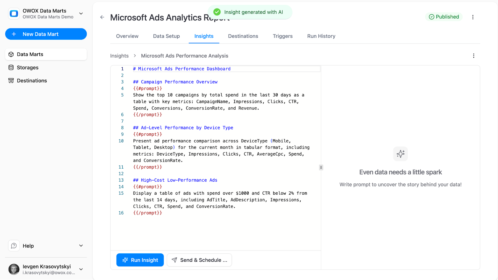 OWOX Data Marts interface showing AI insights configured on top of a Microsoft Ads data mart with ROAS and CPA performance summaries. i-shadow