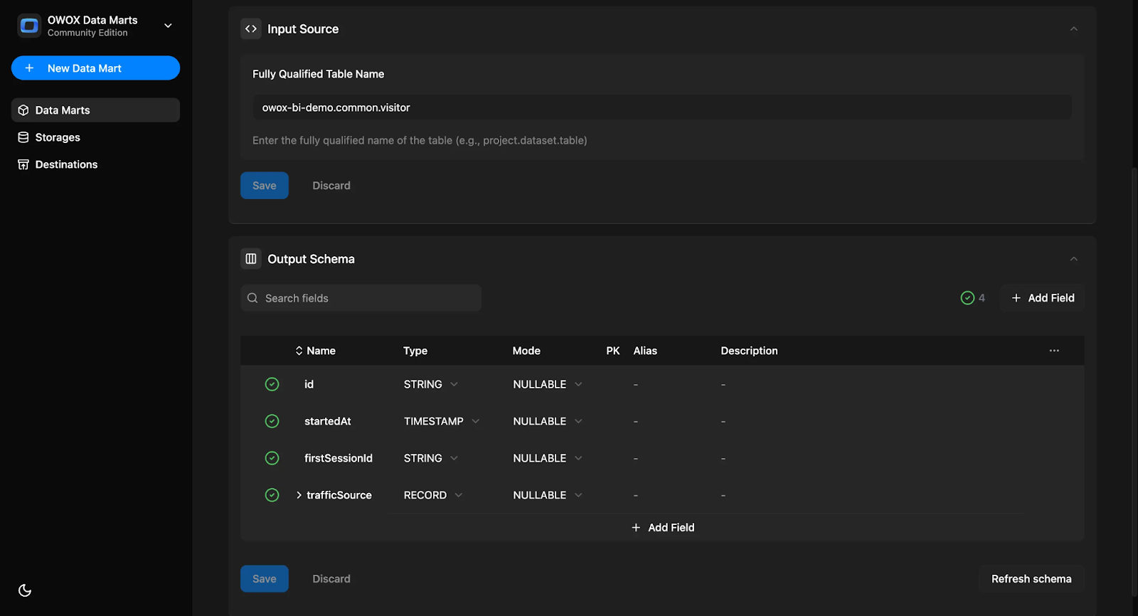OWOX Data Marts interface showing table-based data mart setup with input source, output schema fields, and data type definitions. i-shadow