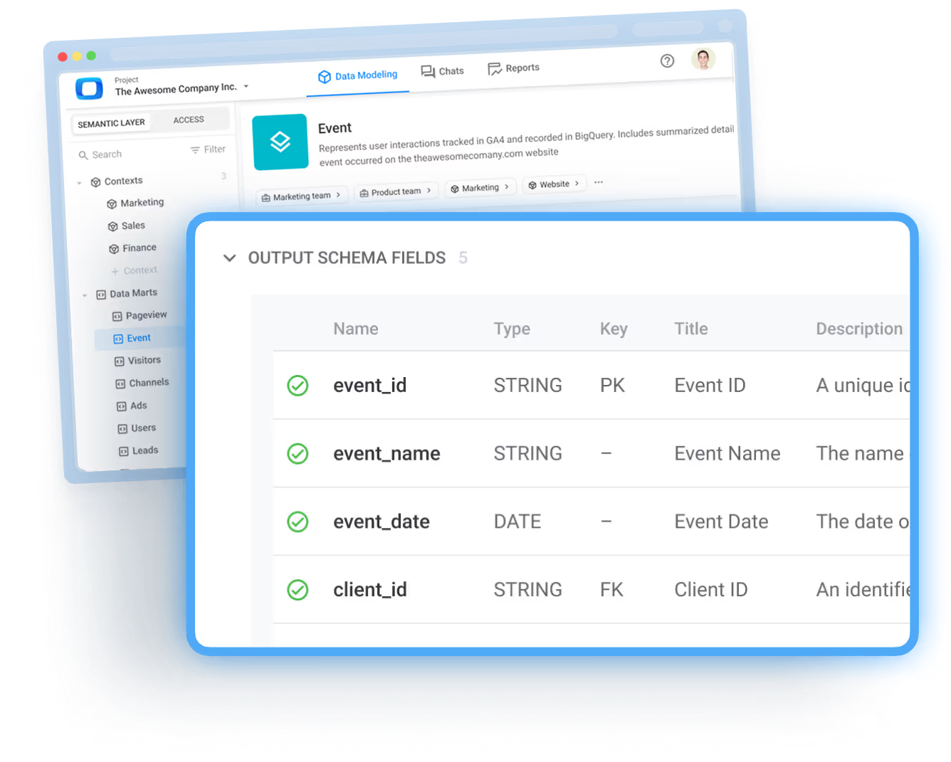 OWOX Data Marts Output Schema displaying field names, data types, and structure for defining and documenting dataset columns.
