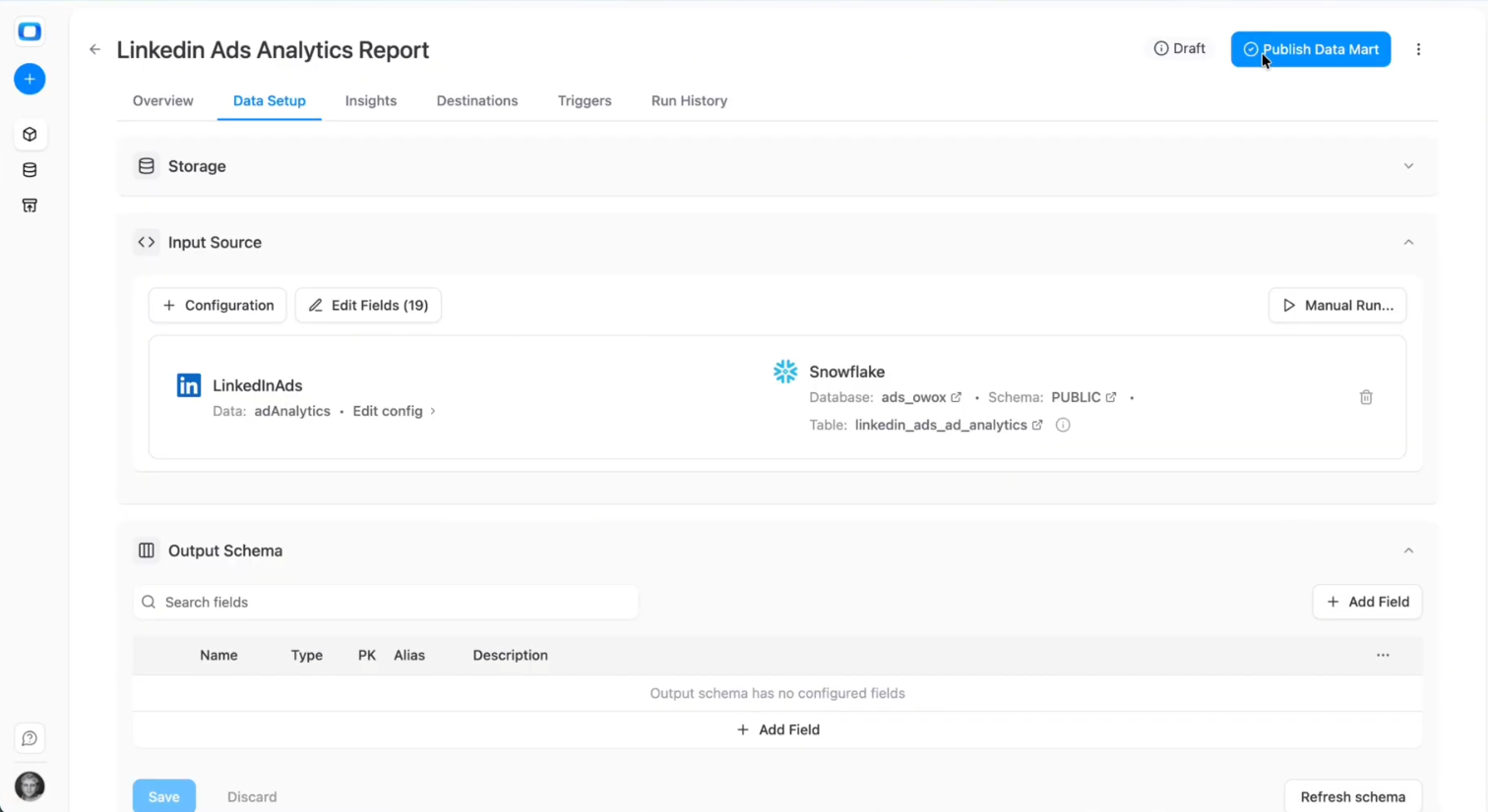 Snowflake destination configuration in OWOX Data Marts showing database, schema, and table setup for LinkedIn Ads data loading. i-shadow i-radius