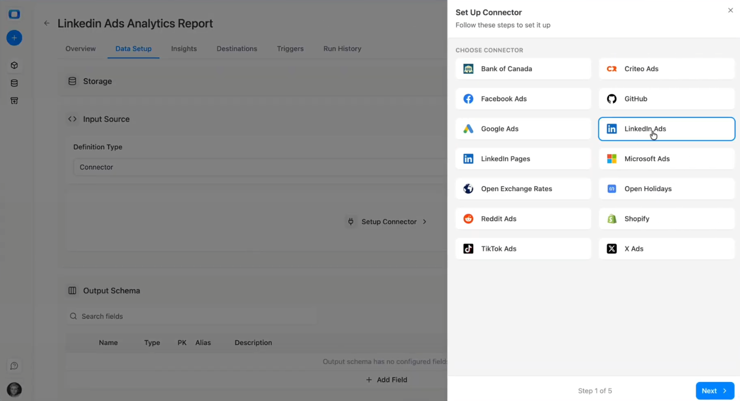 OWOX Data Marts connector selection screen showing LinkedIn Ads chosen as the input source for a Snowflake data mart. i-shadow  i-radius