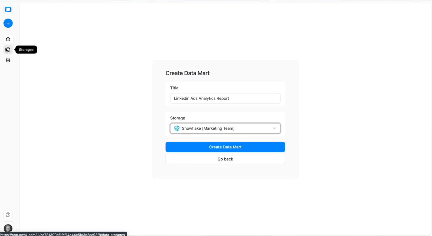 OWOX Data Marts interface showing the Create Data Mart form with Snowflake selected as storage for LinkedIn Ads data.  i-shadow  i-radius
