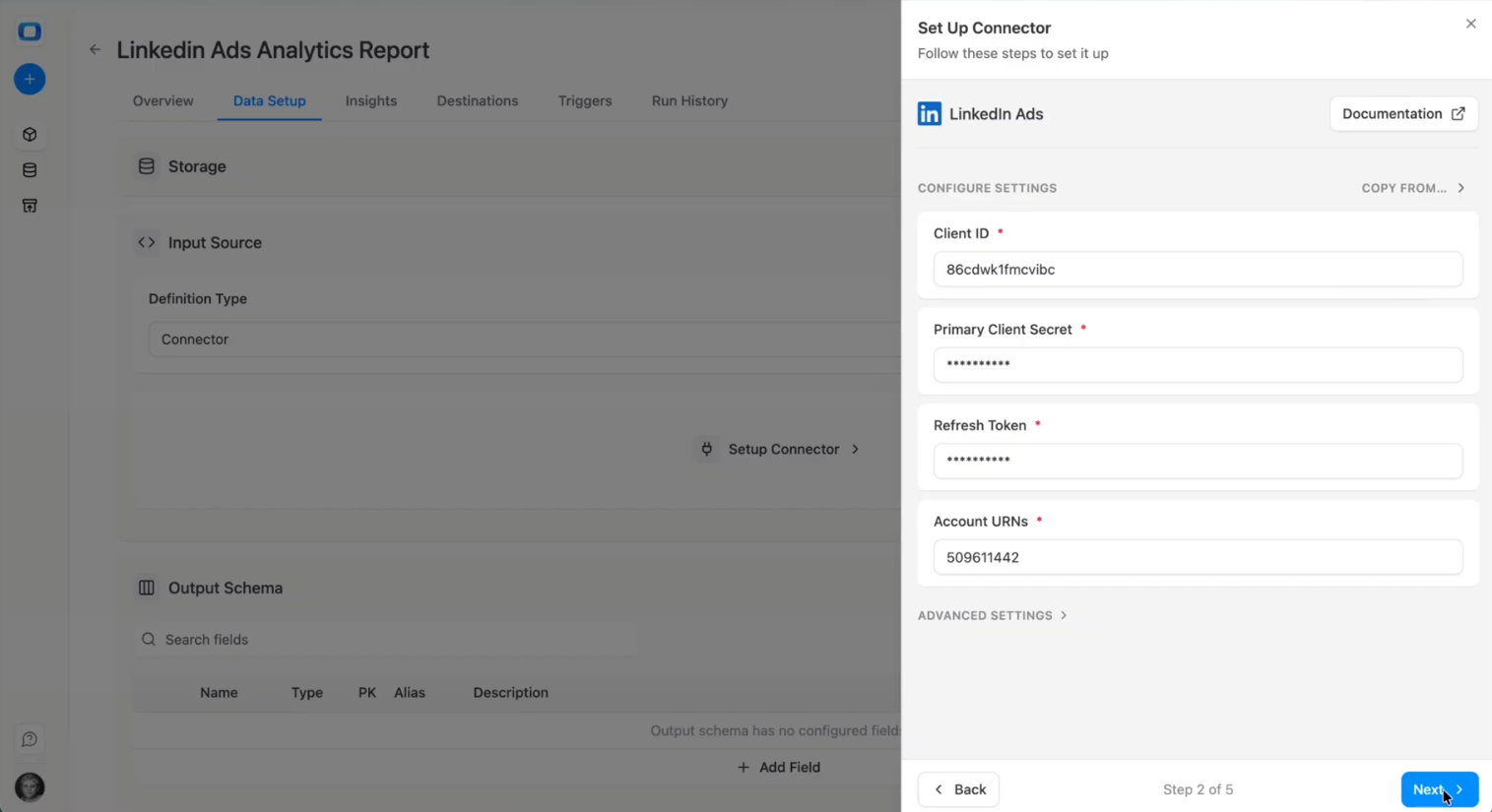 LinkedIn OAuth authorization screen in OWOX Data Marts, prompting the user to grant access to LinkedIn Ads accounts. i-shadow  i-radius