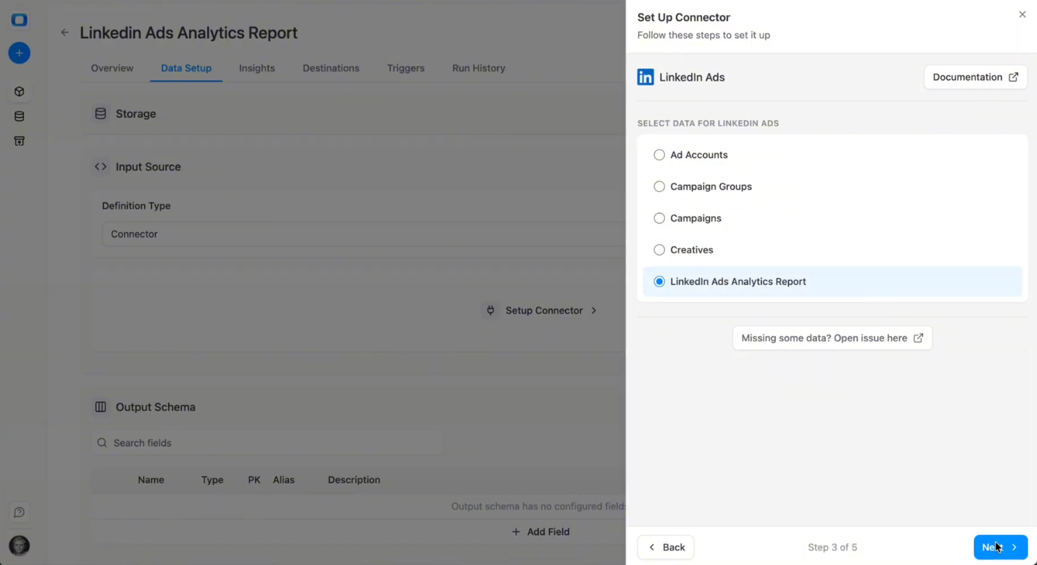  LinkedInAds account selection and reporting endpoint configuration inside OWOX Data Marts. i-shadow  i-radius