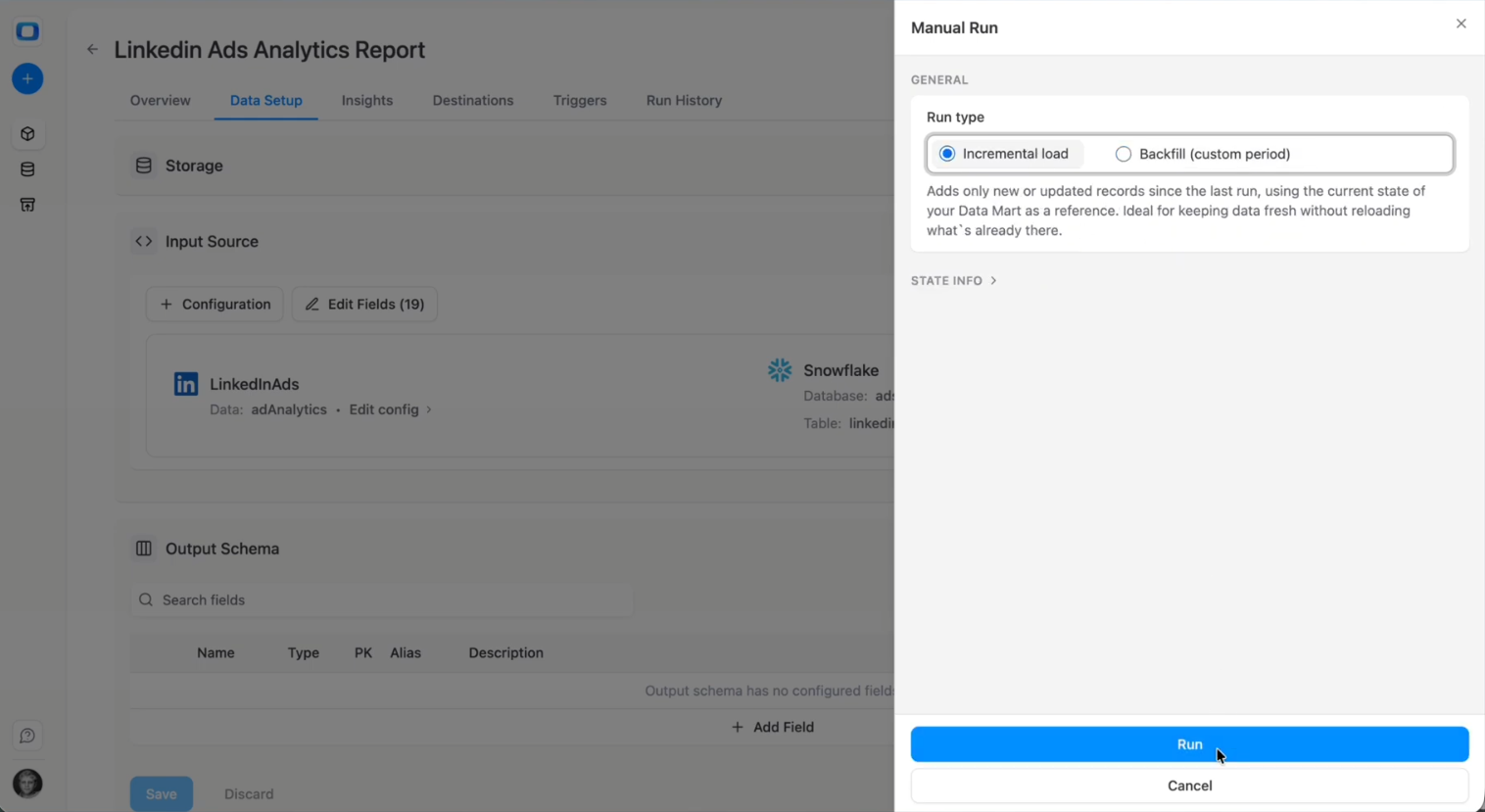 Manual run configuration panel in OWOX Data Marts showing incremental option for LinkedIn Ads data loading. i-shadow i-radius