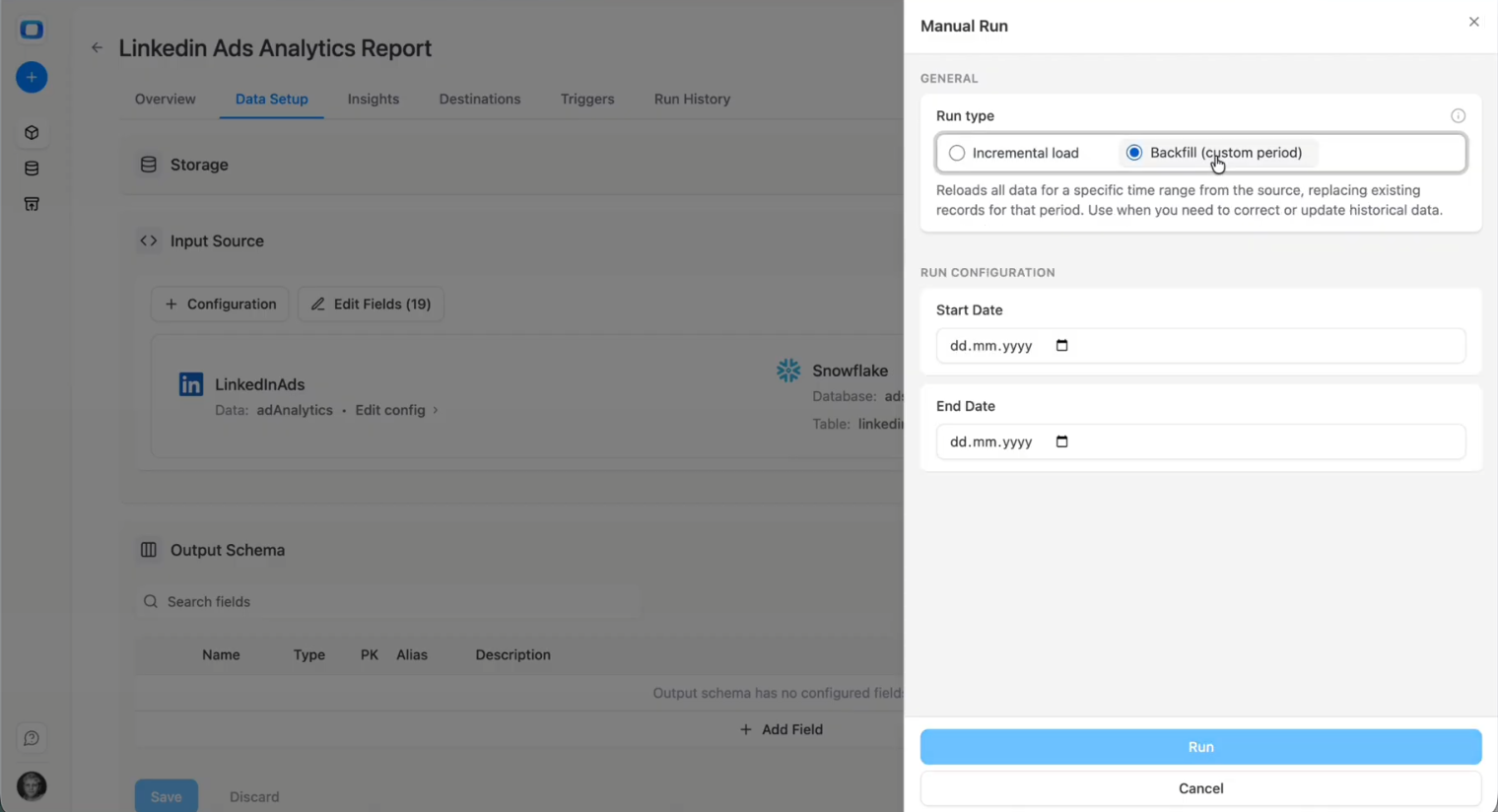 Manual run configuration panel in OWOX Data Marts showing backfill option for LinkedIn Ads data loading. i-shadow i-radius