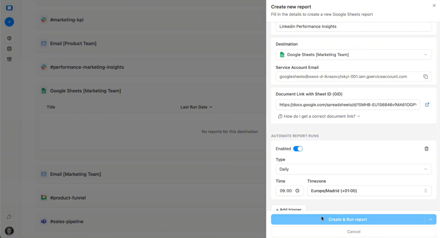 Google Sheets automatically refreshed from Snowflake using a LinkedIn Ads data mart as the reporting source. i-shadow i-radius