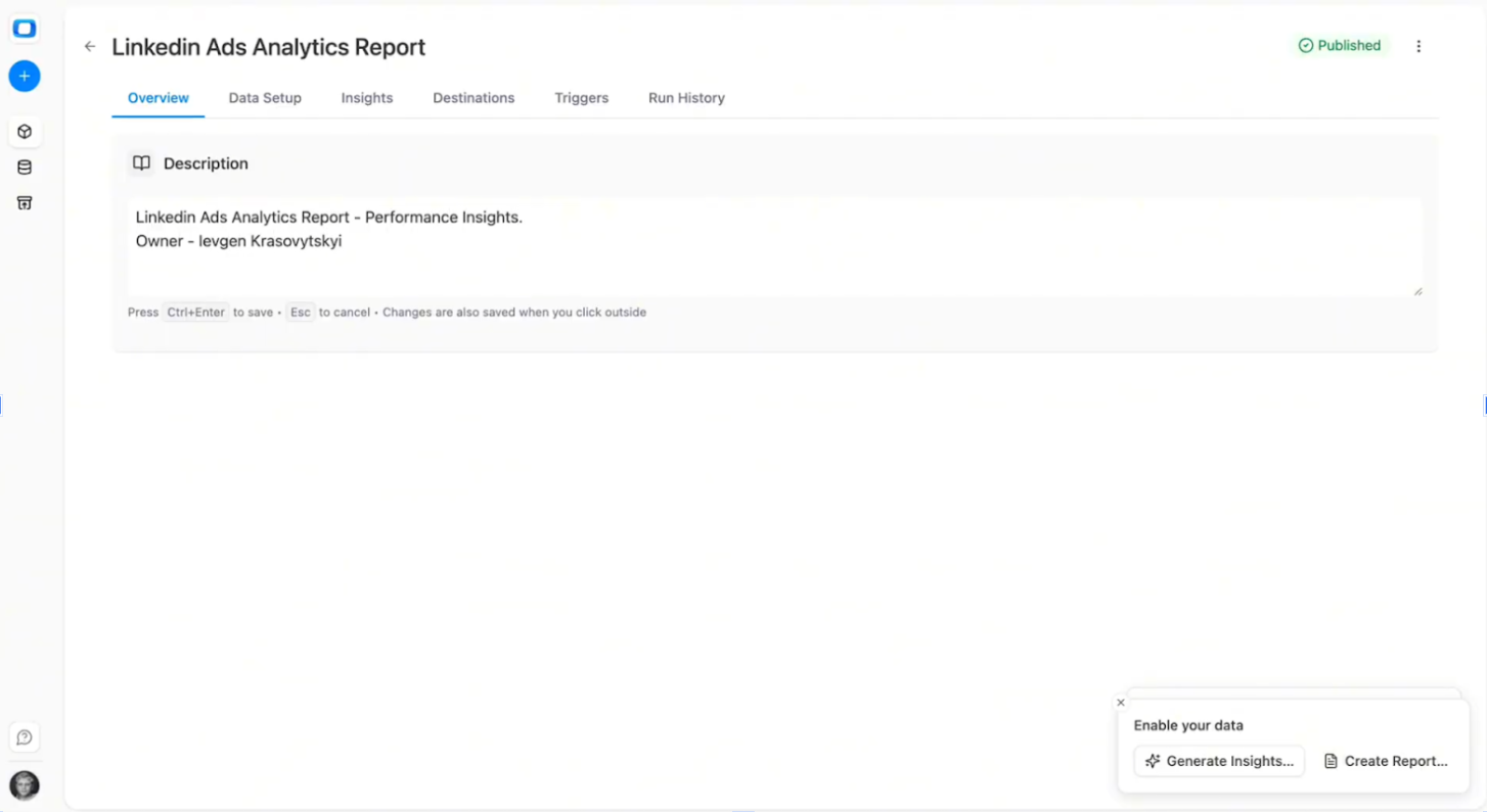 Overview tab in OWOX Data Marts showing the Description field used to document a LinkedIn Ads data mart configuration and ownership details. i-shadow i-radius