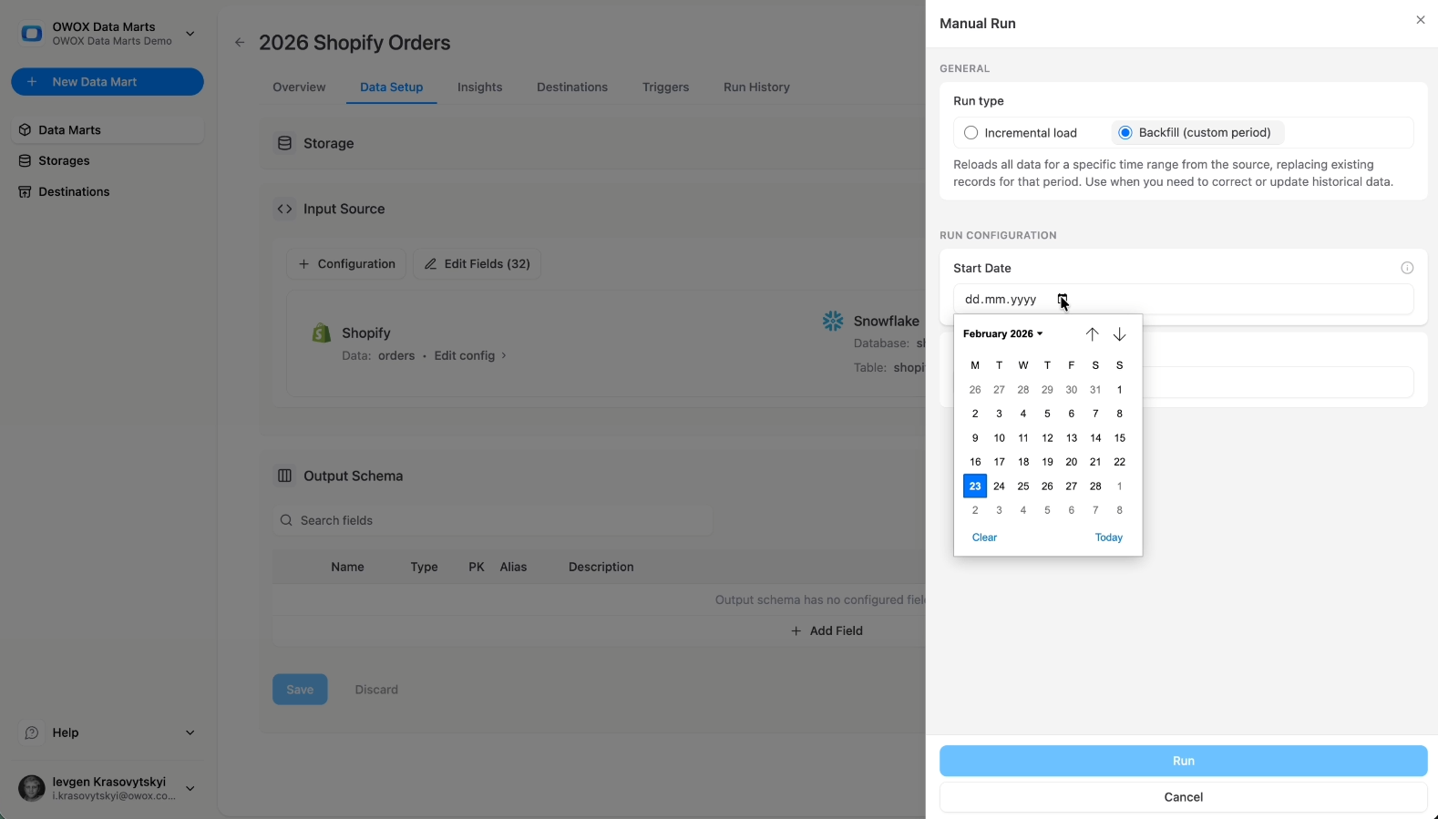 Manual run configuration panel in OWOX Data Marts showing backfill option for Shopify data loading. i-shadow i-radius