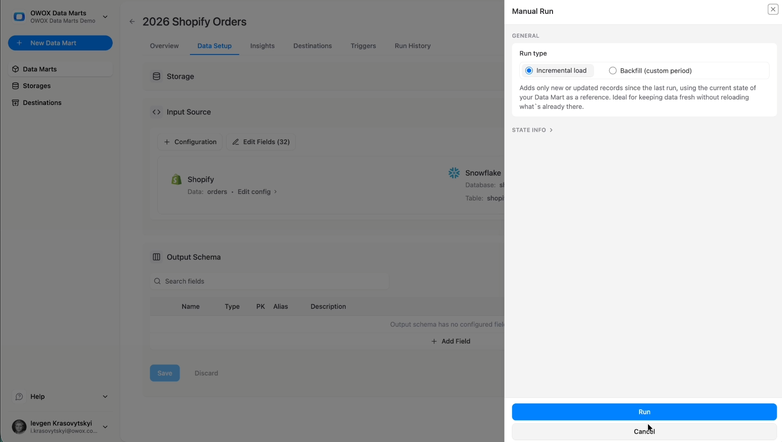 Manual run configuration panel in OWOX Data Marts showing incremental option for Shopify data loading. i-radius i-shadow