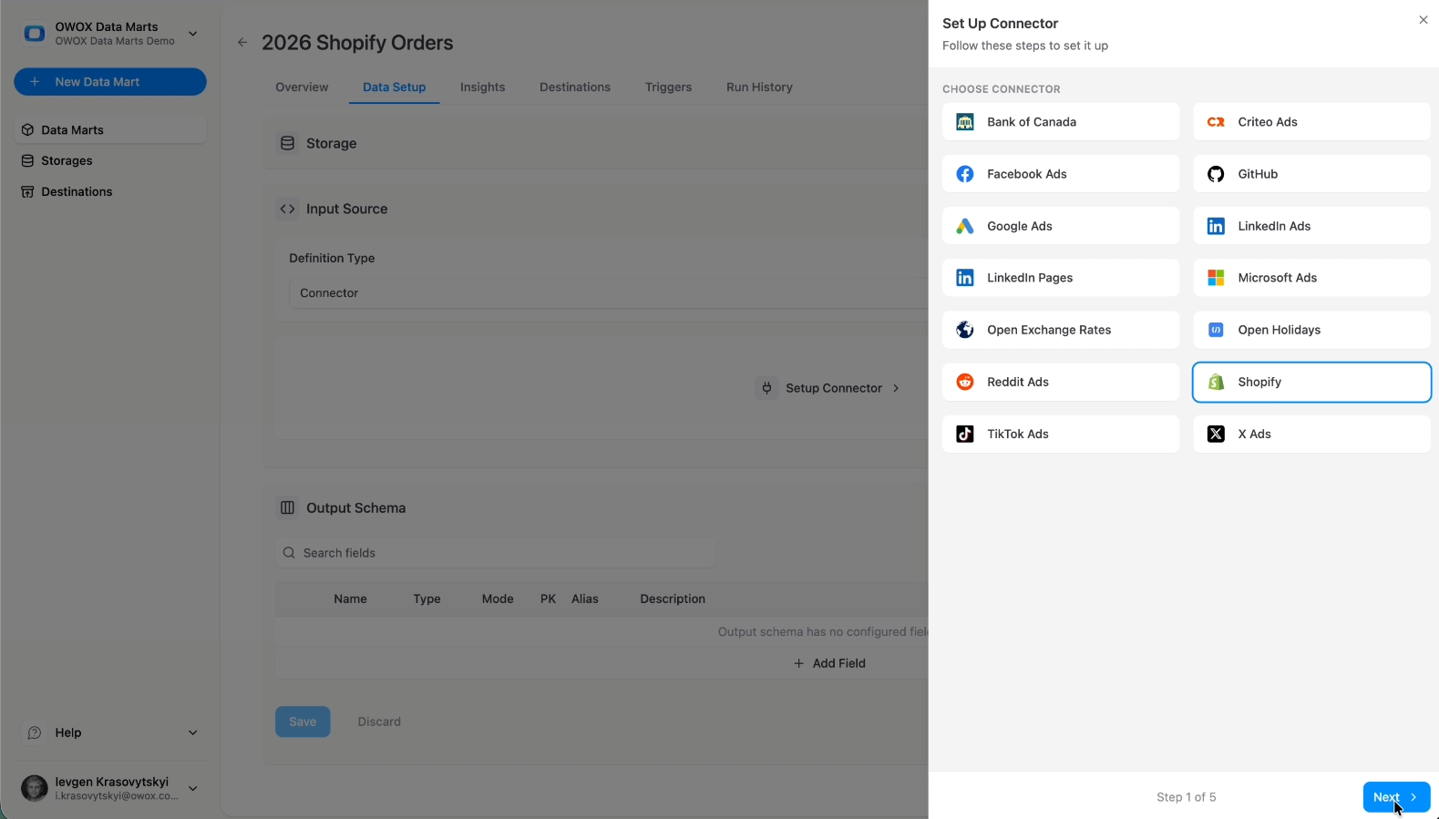 OWOX Data Marts connector selection screen showing Shopify chosen as the input source for a Snowflake data mart. i-shadow i-radius