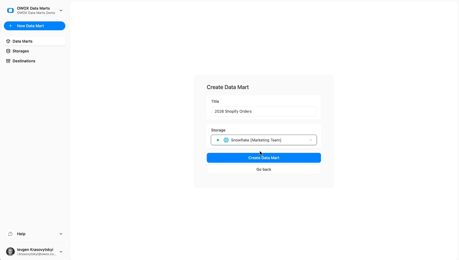 OWOX Data Marts interface showing the Create Data Mart form with Snowflake selected as storage for Shopify data. i-shadow i-radius