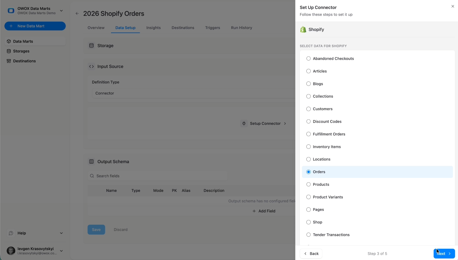 Shopify account selection and reporting endpoint configuration inside OWOX Data Marts. i-shadow i-radius