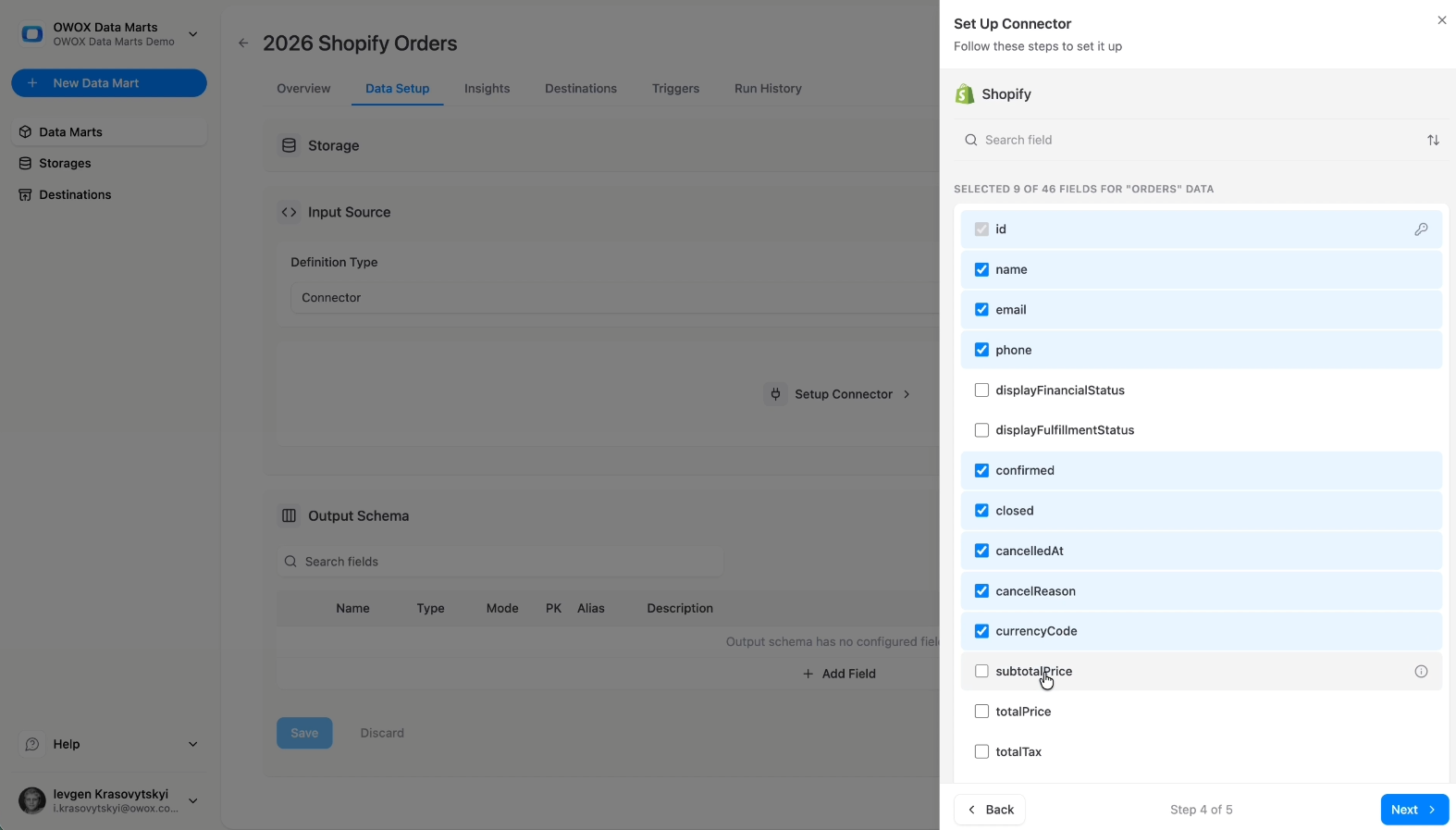 Field selection screen in OWOX Data Marts showing Shopify fields such as orders, line items, customers, transactions, refunds, and financial attributes selected for ingestion. i-radius i-shadow