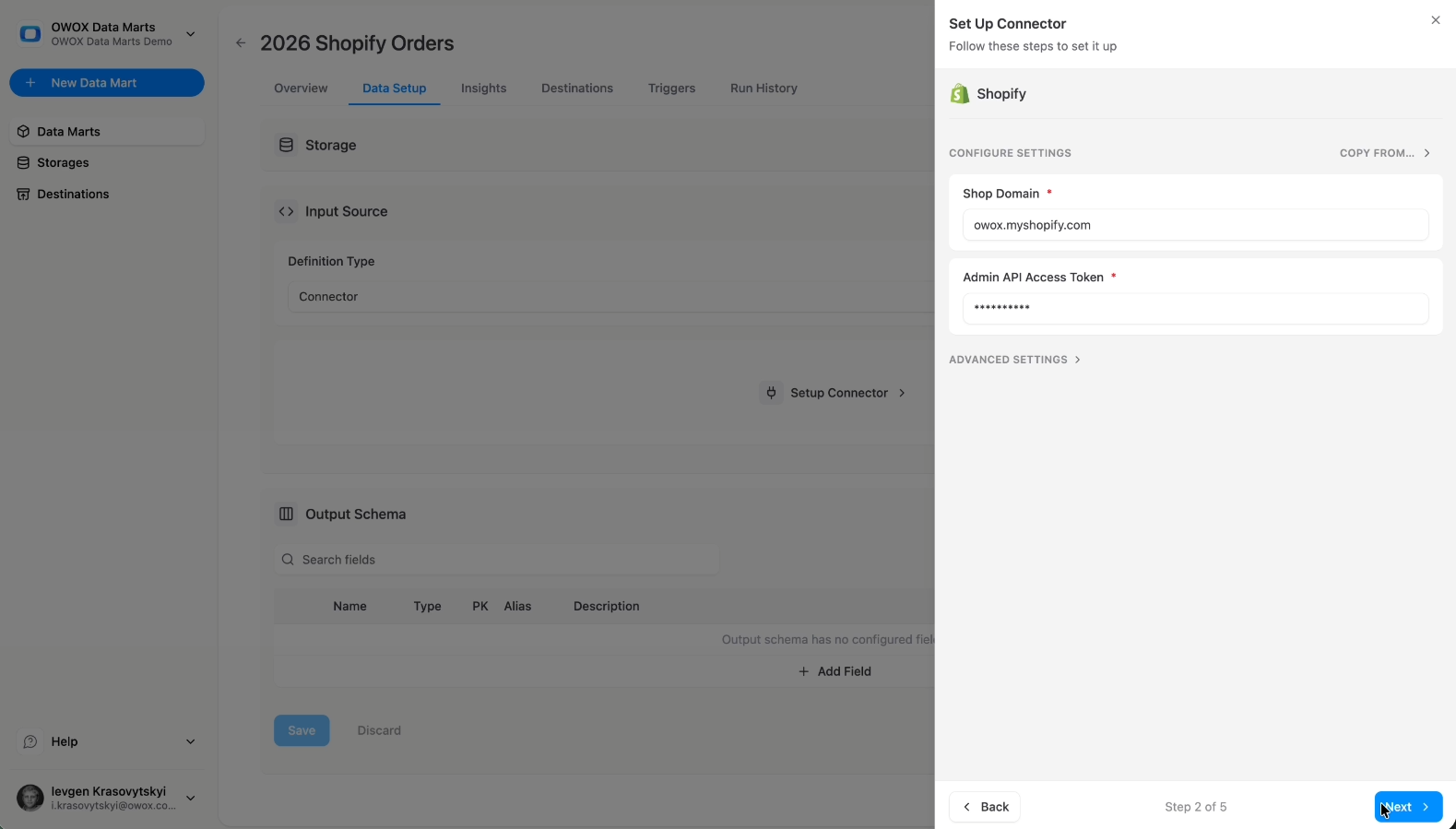 Shopify OAuth authorization screen in OWOX Data Marts, prompting the user to grant access to Shopify accounts. i-radius i-shadow