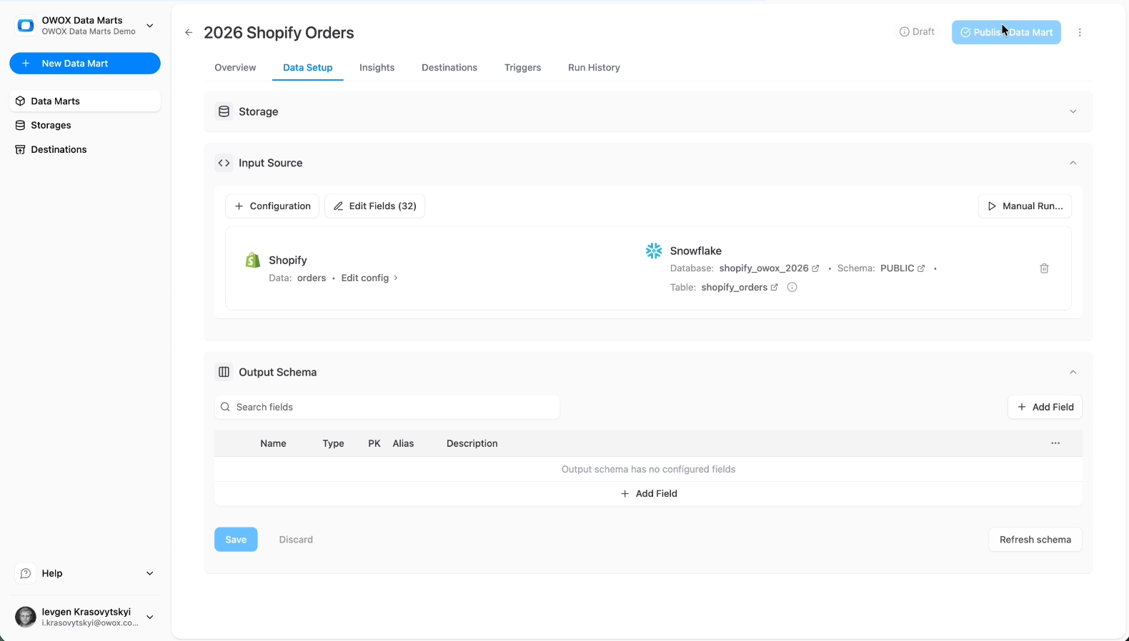 Snowflake destination configuration in OWOX Data Marts showing database, schema, and table setup for Shopify data loading. i-shadow i-radius
