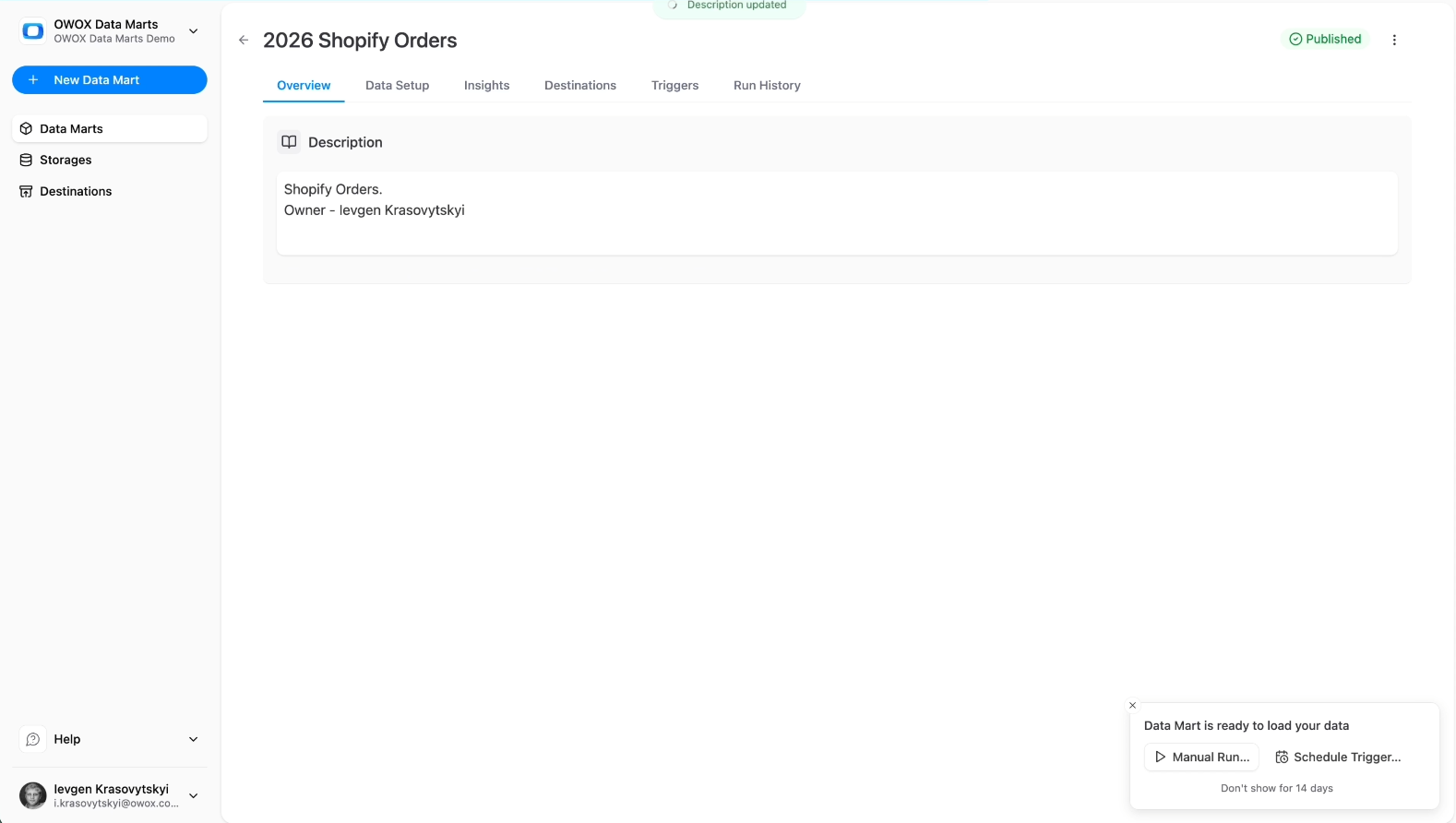 Overview tab in OWOX Data Marts showing the Description field used to document a Shopify data mart configuration and ownership details. i-shadow i-radius