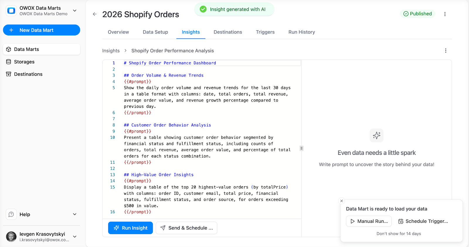 OWOX Data Marts Insights tab showing AI-generated Shopify order performance analysis with structured revenue trends and customer behavior summaries based on Snowflake data. i-shadow i-radius