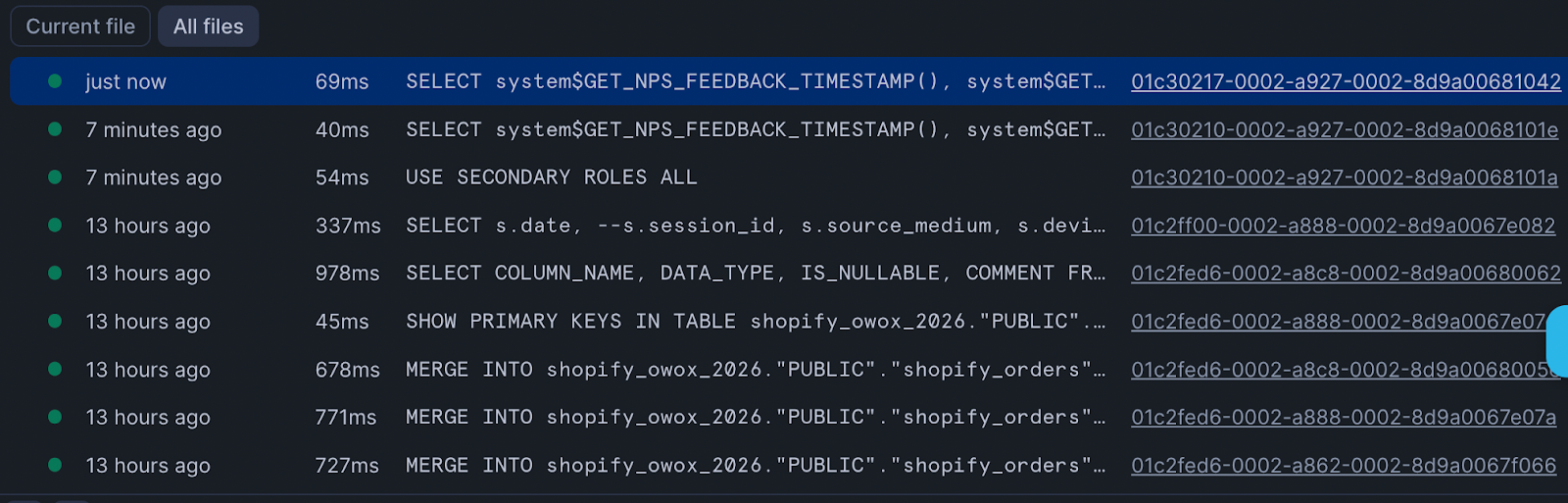 Snowflake Query History - All files . i-shadow