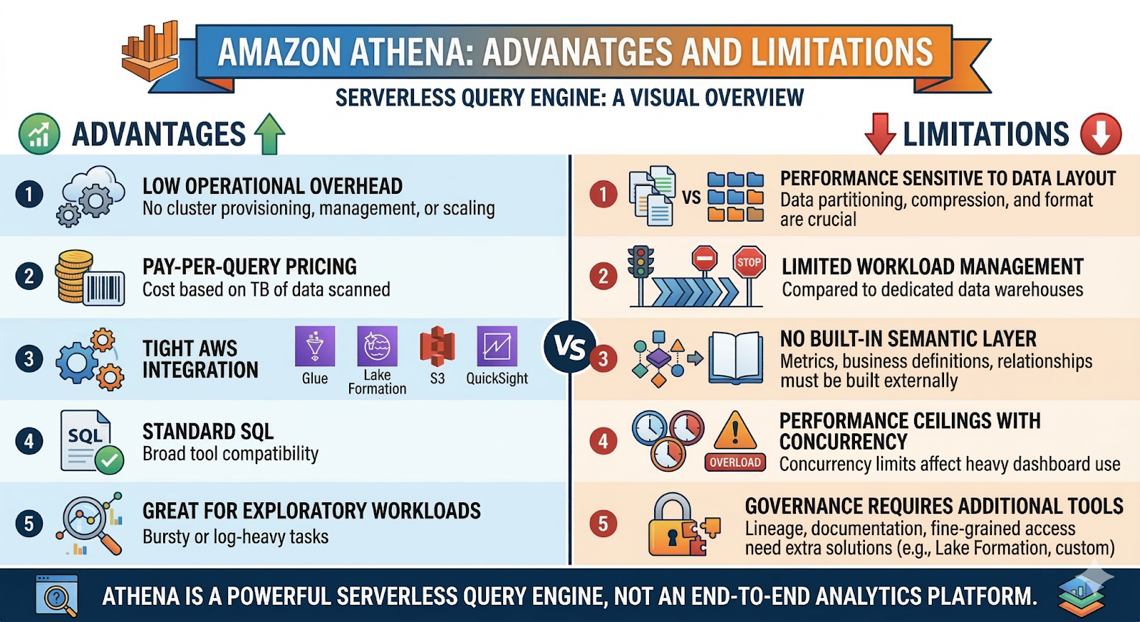  Advantages and limitations of Amazon Athena as a serverless query engine: low overhead, pay-per-query pricing, and performance tradeoffs. i-radius  i-shadow