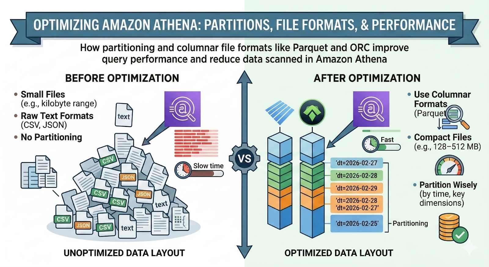  How partitioning and columnar file formats like Parquet and ORC improve query performance and reduce data scanned in Amazon Athena. i-radius  i-shadow