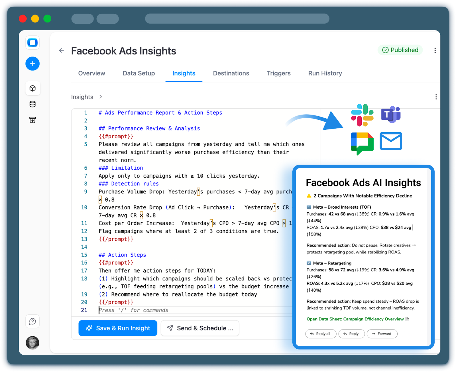  Illustration of OWOX AI Insights analyzing governed Snowflake data marts to generate automated insights, alerts, and summaries delivered to Slack, email, and dashboards.
