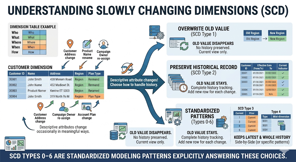 What Slowly Changing Dimensions are in dimensional modeling, describing how dimension attributes like customer region or product category change occasionally and require strategies for preserving or updating historical values. i-shadow i-radius
