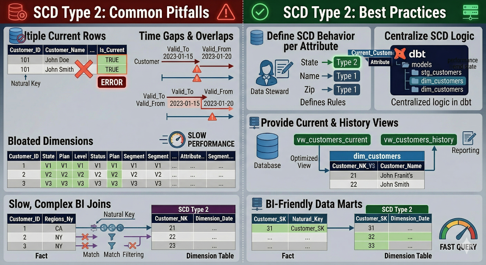Section outlining common SCD Type 2 pitfalls and best practices, including avoiding multiple current rows, preventing validity date overlaps, limiting unnecessary Type 2 attributes, and centralizing SCD logic in transformation models rather than BI tools. i-shadow i-radius