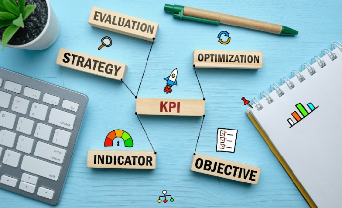 A flat lay image with a KPI concept, featuring wooden blocks labeled strategy, optimization, evaluation, and objectives. i-radius