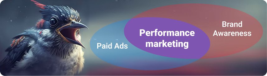 Venn diagram of the relationship between paid ads, performance marketing, and brand awareness.
