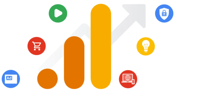 A stylized Google Analytics logo with icons representing different digital marketing elements, such as advertising, shopping, security, and analytics.