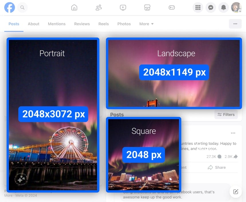 Comparison of Facebook post image orientations: portrait, landscape  and square. i-border i-radius