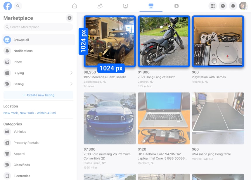 Shop section on a Facebook business page displaying a grid of product images page i-border i-radius
