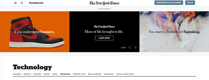 The New York Times website displaying an advertisement featuring sneakers, a central message about life, and a sports-related image.