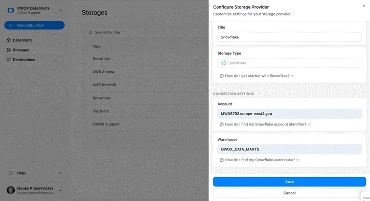 Snowflake connection configuration form inside OWOX Data Marts showing fields for account locator, identifier, and warehouse used for loading Reddit Ads data into Snowflake. i-shadow  i-radius