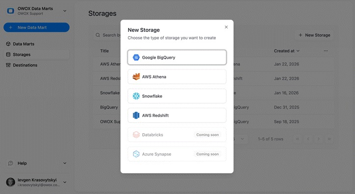 OWOX Data Marts interface showing the Storages section with the “New Storage” button selected to add a Snowflake warehouse connection for Reddit Ads data ingestion. i-shadow i-radius