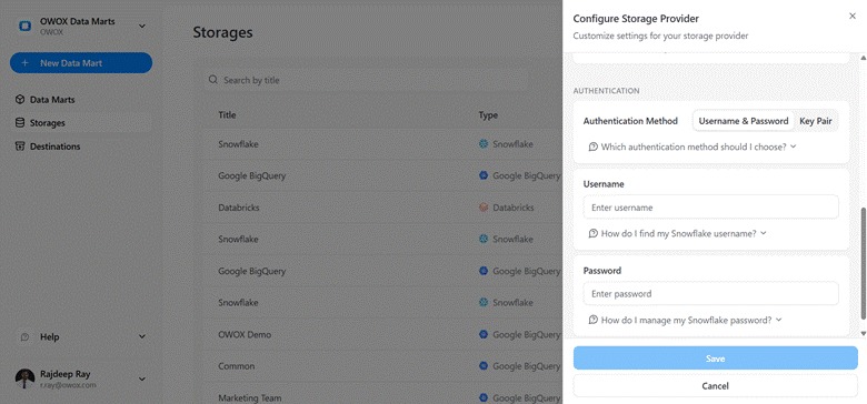 Authentication settings panel in OWOX Data Marts showing Snowflake username and password or key-based authentication options for secure Reddit Ads data loading. i-shadow  i-radius