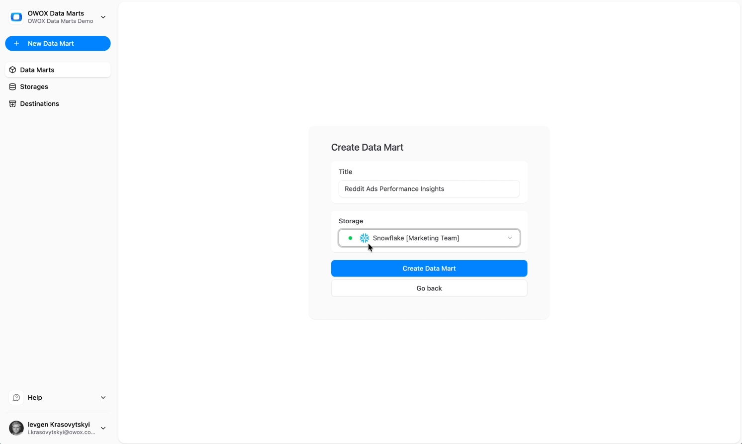 OWOX Data Marts interface showing the Create Data Mart form with Snowflake selected as storage for Reddit Ads data.  i-shadow i-radius