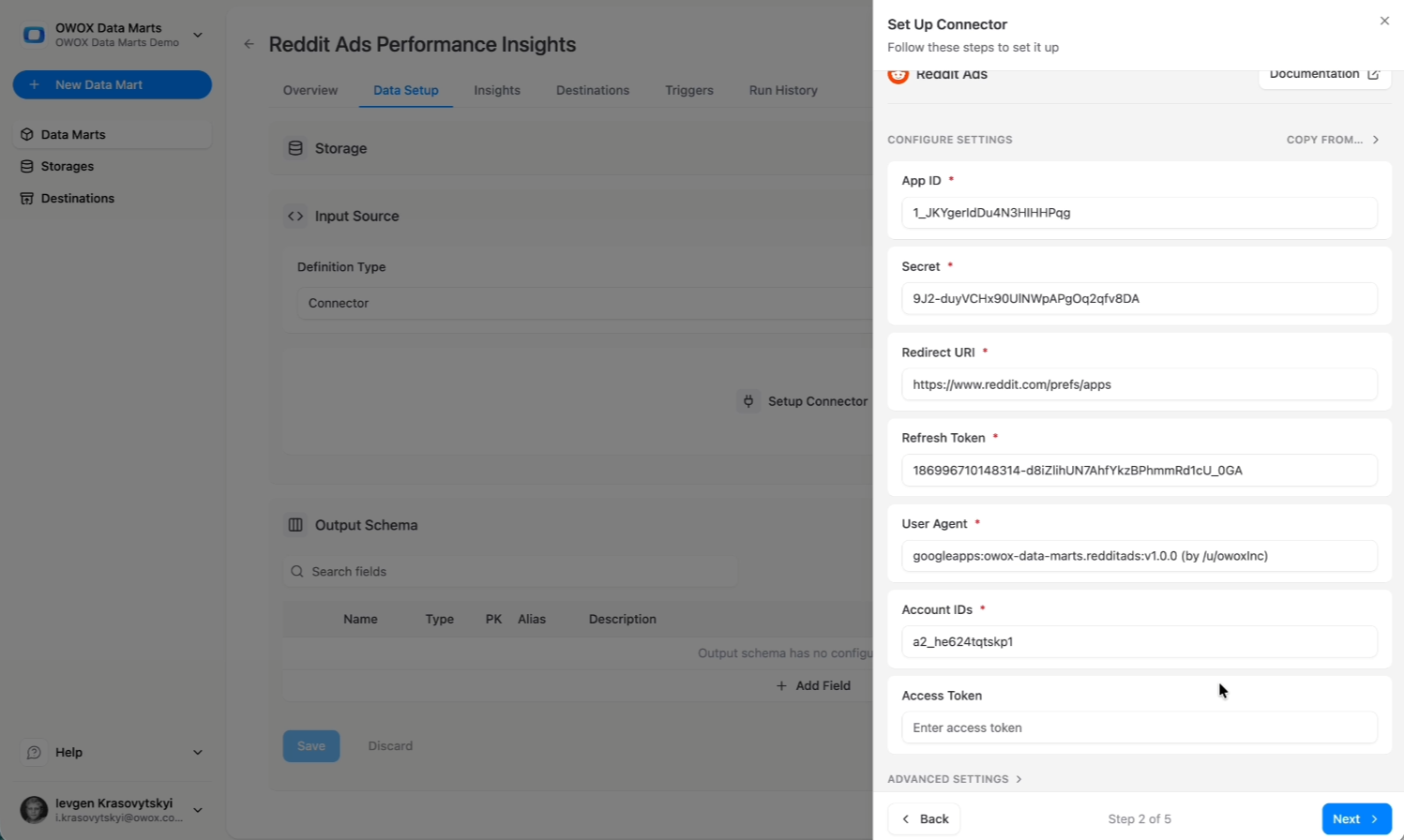 Reddit OAuth authorization screen in OWOX Data Marts, prompting the user to grant access to Reddit Ads accounts. i-shadow  i-radius