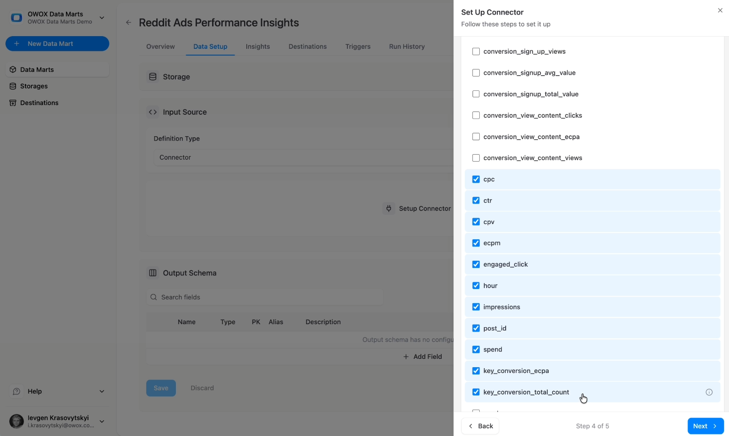 Field selection screen in OWOX Data Marts showing Reddit Ads metrics like impressions, clicks, cost, and conversions selected for ingestion. i-shadow  i-radius