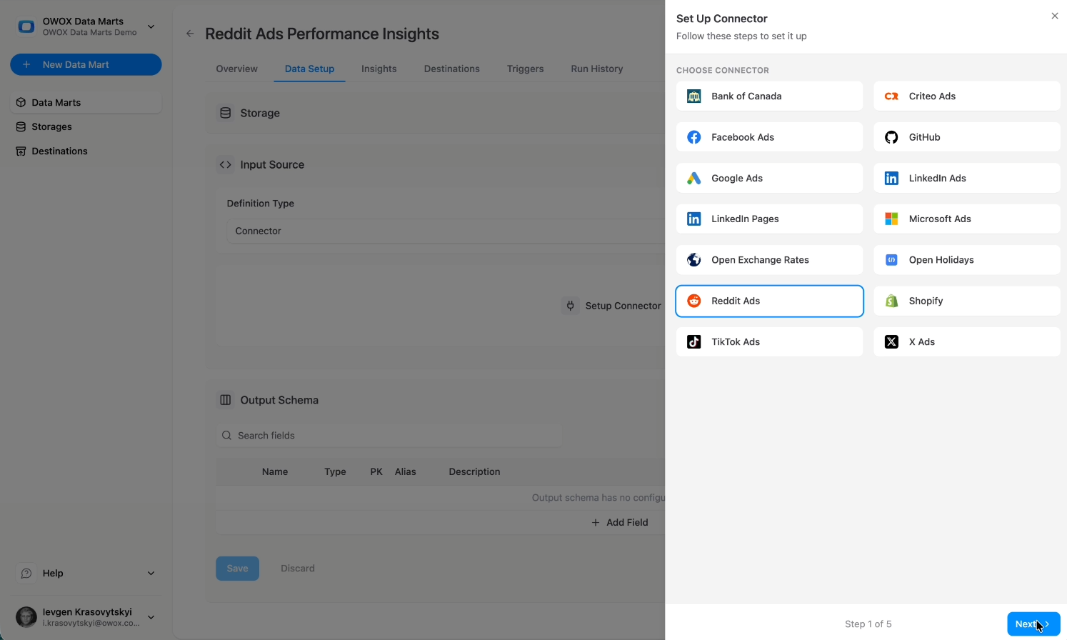 OWOX Data Marts connector selection screen showing Reddit Ads chosen as the input source for a Snowflake data mart. i-shadow  i-radius