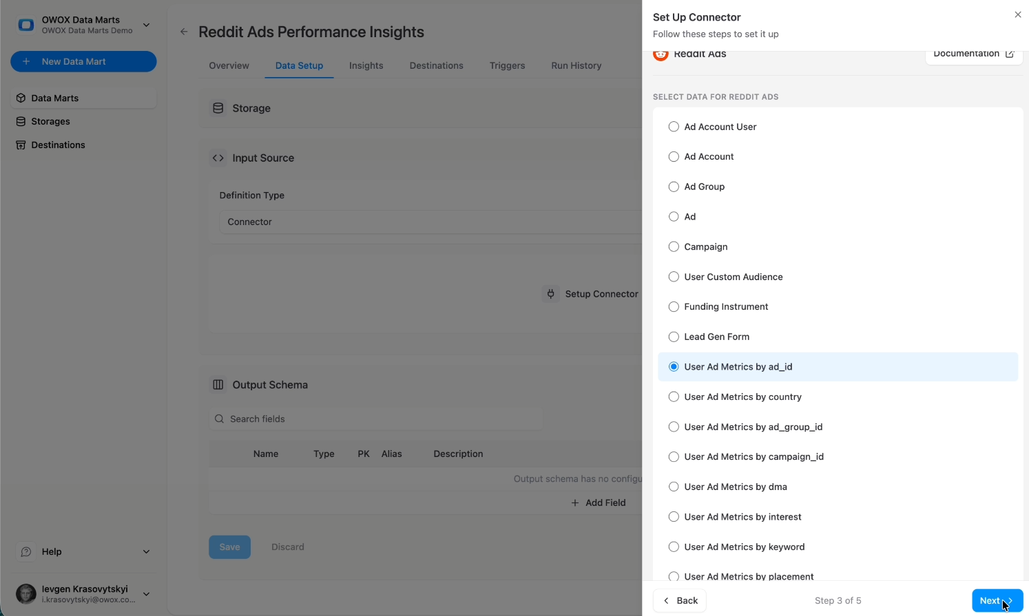 Reddit Ads account selection and reporting endpoint configuration inside OWOX Data Marts. i-shadow  i-radius