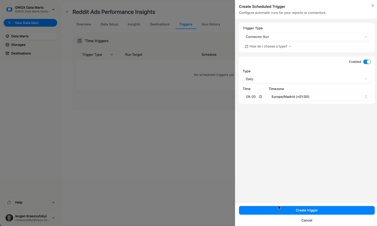  i-radius i-shadow Scheduled trigger configuration in OWOX Data Marts showing Connector Run frequency and timezone setup for automated Reddit Ads data refresh in Snowflake.