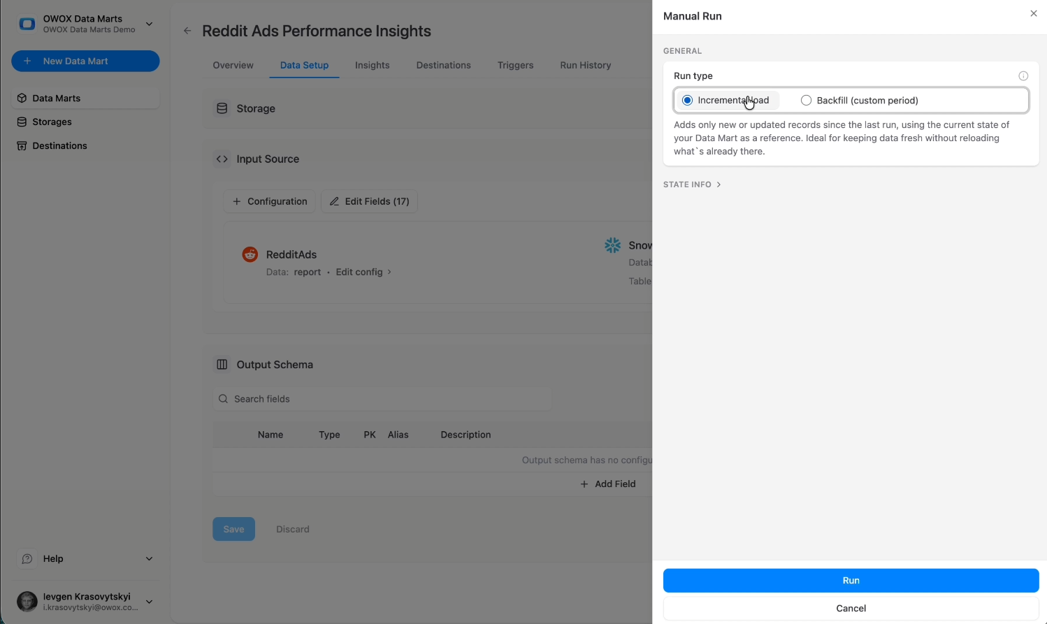 Manual run configuration panel in OWOX Data Marts showing incremental option for Reddit Ads data loading. i-shadow i-radius