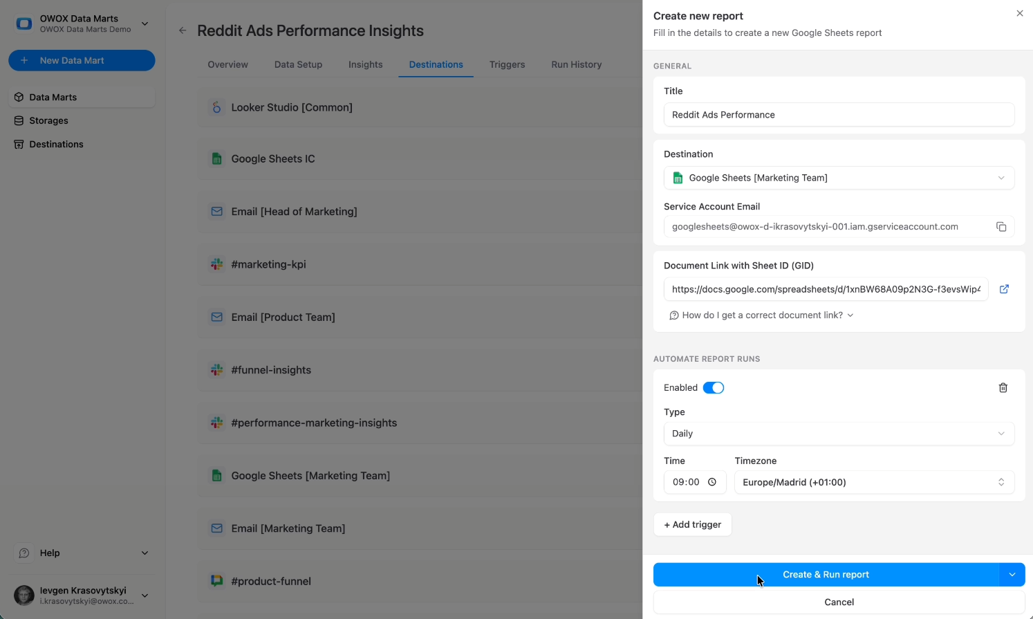 Google Sheets automatically refreshed from Snowflake using a Reddit Ads data mart as the reporting source. i-shadow i-radius