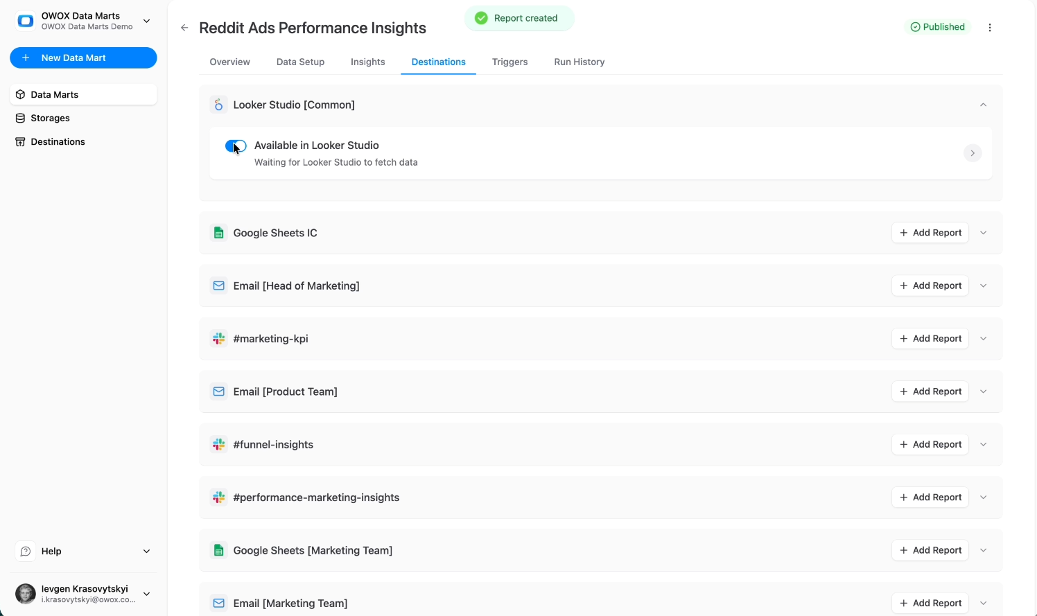  Looker Studio dashboard connected to Snowflake Reddit Ads data mart showing standardized cost, ROAS, and CPA metrics. i-shadow i-radius